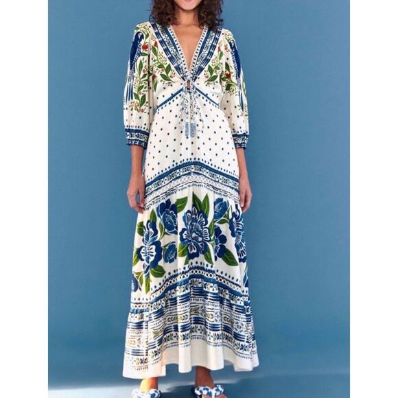 FARM Rio Dresses & Skirts - Farm Rio Blue and White Floral Linen Blend Maxi